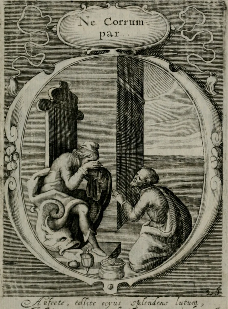An illustration from Emblemata politica : in aula magna Curiæ Norinbergensis depicta : quæ sacra virtutum suggerunt monita prudenter administrandi fortiterque defendendi rempublicam, 1617, leaf 70
