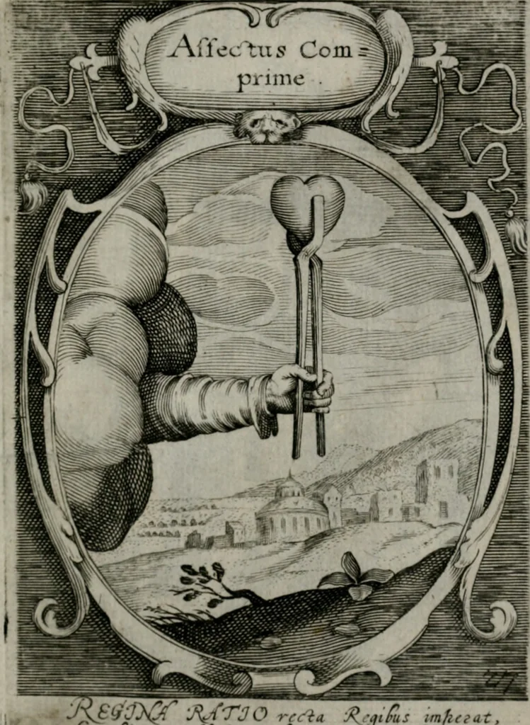 An illustration from Emblemata politica : in aula magna Curiæ Norinbergensis depicta : quæ sacra virtutum suggerunt monita prudenter administrandi fortiterque defendendi rempublicam, 1617, leaf 72