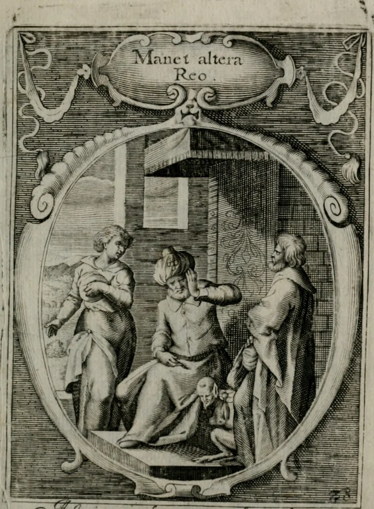 An illustration from Emblemata politica : in aula magna Curiæ Norinbergensis depicta : quæ sacra virtutum suggerunt monita prudenter administrandi fortiterque defendendi rempublicam, 1617, leaf 74