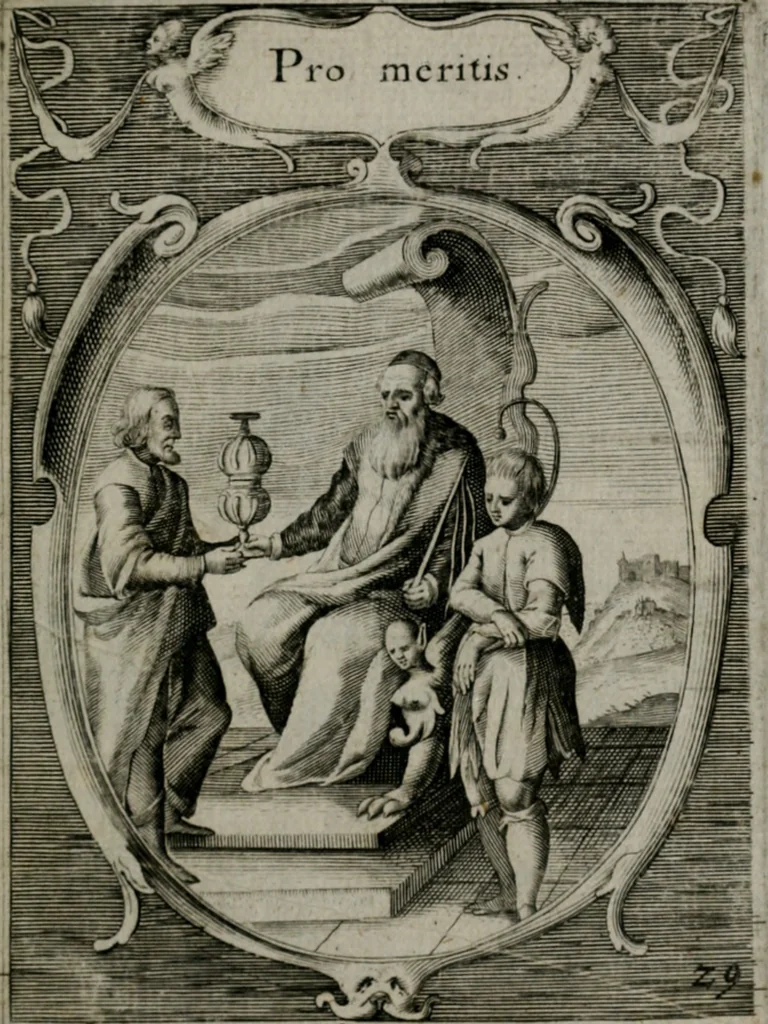 An illustration from Emblemata politica : in aula magna Curiæ Norinbergensis depicta : quæ sacra virtutum suggerunt monita prudenter administrandi fortiterque defendendi rempublicam, 1617, leaf 76