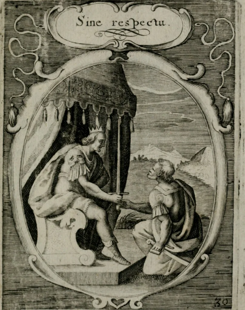 An illustration from Emblemata politica : in aula magna Curiæ Norinbergensis depicta : quæ sacra virtutum suggerunt monita prudenter administrandi fortiterque defendendi rempublicam, 1617, leaf 78
