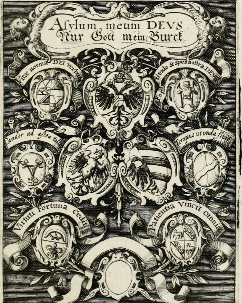 An illustration from Emblemata politica : in aula magna Curiæ Norinbergensis depicta : quæ sacra virtutum suggerunt monita prudenter administrandi fortiterque defendendi rempublicam, 1617, leaf 8