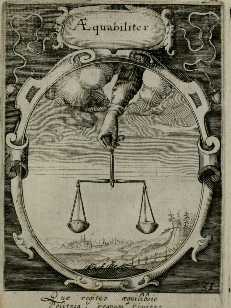 An illustration from Emblemata politica : in aula magna Curiæ Norinbergensis depicta : quæ sacra virtutum suggerunt monita prudenter administrandi fortiterque defendendi rempublicam, 1617, leaf 80
