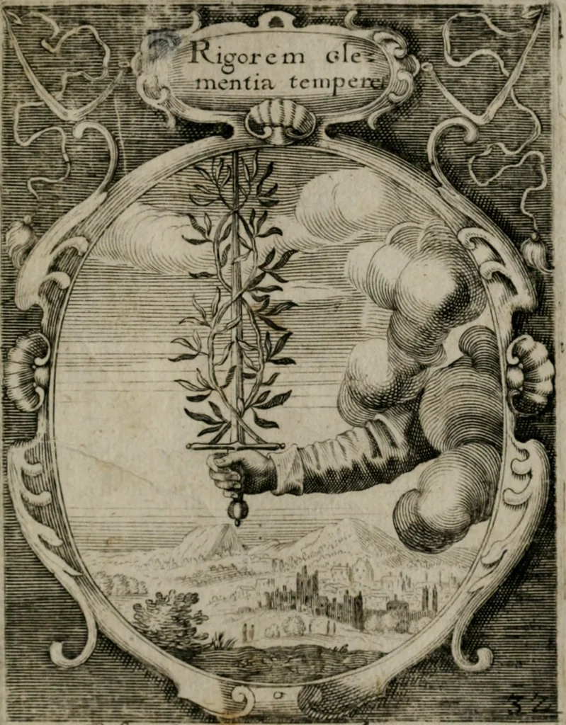 An illustration from Emblemata politica : in aula magna Curiæ Norinbergensis depicta : quæ sacra virtutum suggerunt monita prudenter administrandi fortiterque defendendi rempublicam, 1617, leaf 82