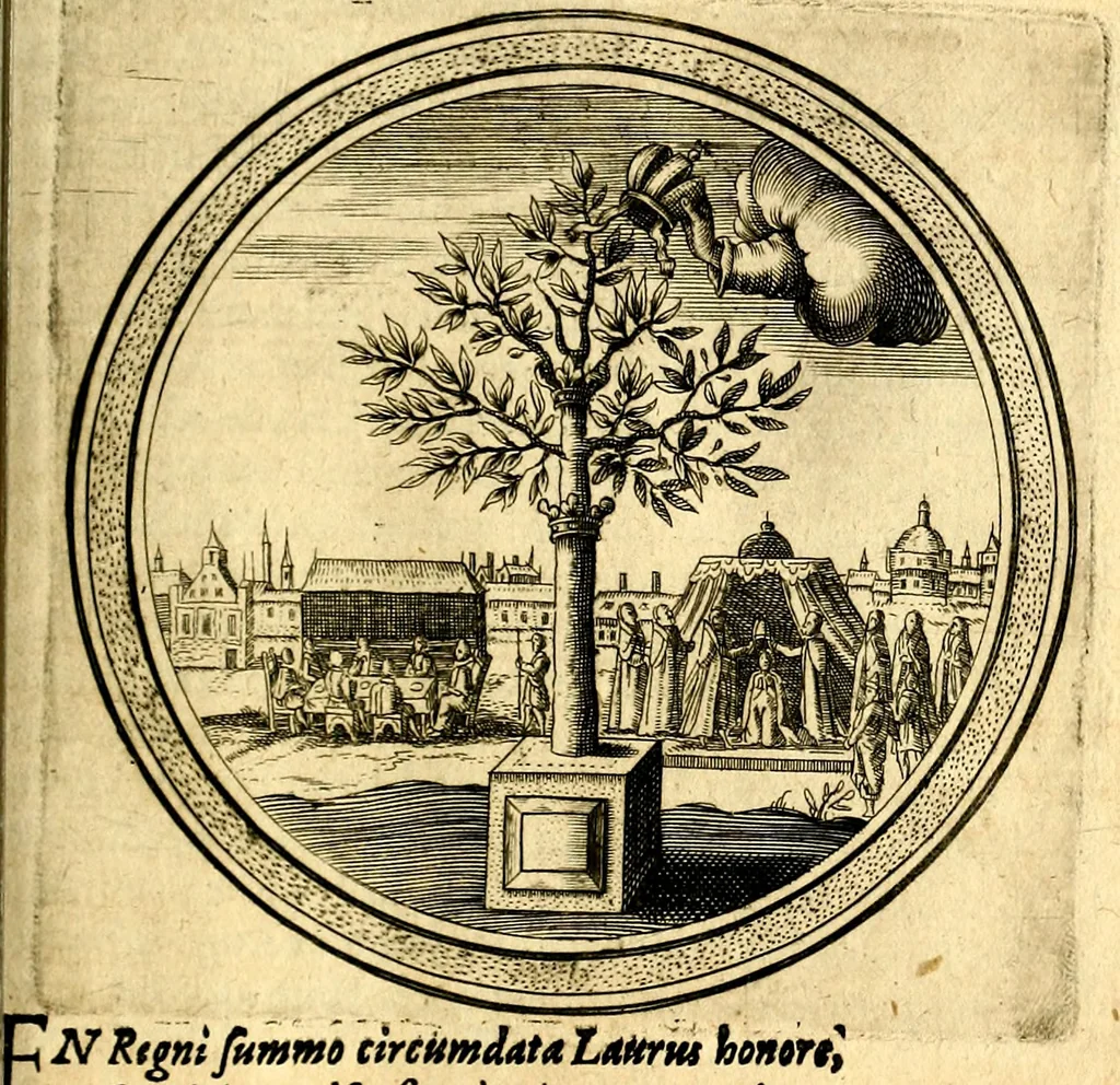 An illustration from Emblemata politica. Quibus ea, quae ad principatum spectant breviter demonstrantur singulor vero explicatio fusius proponitur. Opus novum, 1618, leaf 18