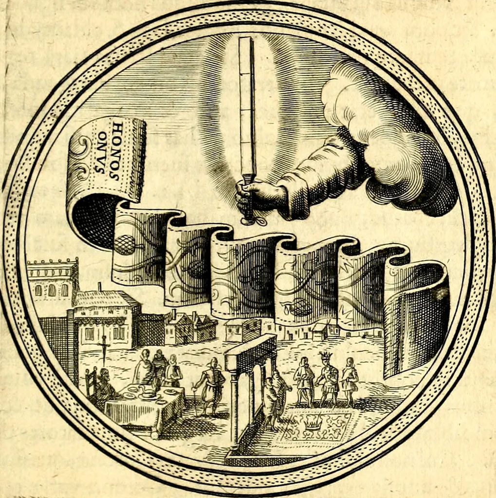 An illustration from Emblemata politica. Quibus ea, quae ad principatum spectant breviter demonstrantur singulor vero explicatio fusius proponitur. Opus novum, 1618, leaf 34