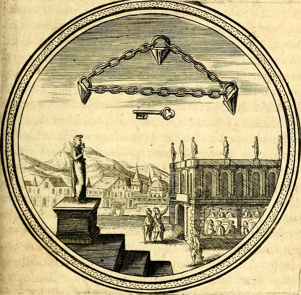 An illustration from Emblemata politica. Quibus ea, quae ad principatum spectant breviter demonstrantur singulor vero explicatio fusius proponitur. Opus novum, 1618, leaf 94