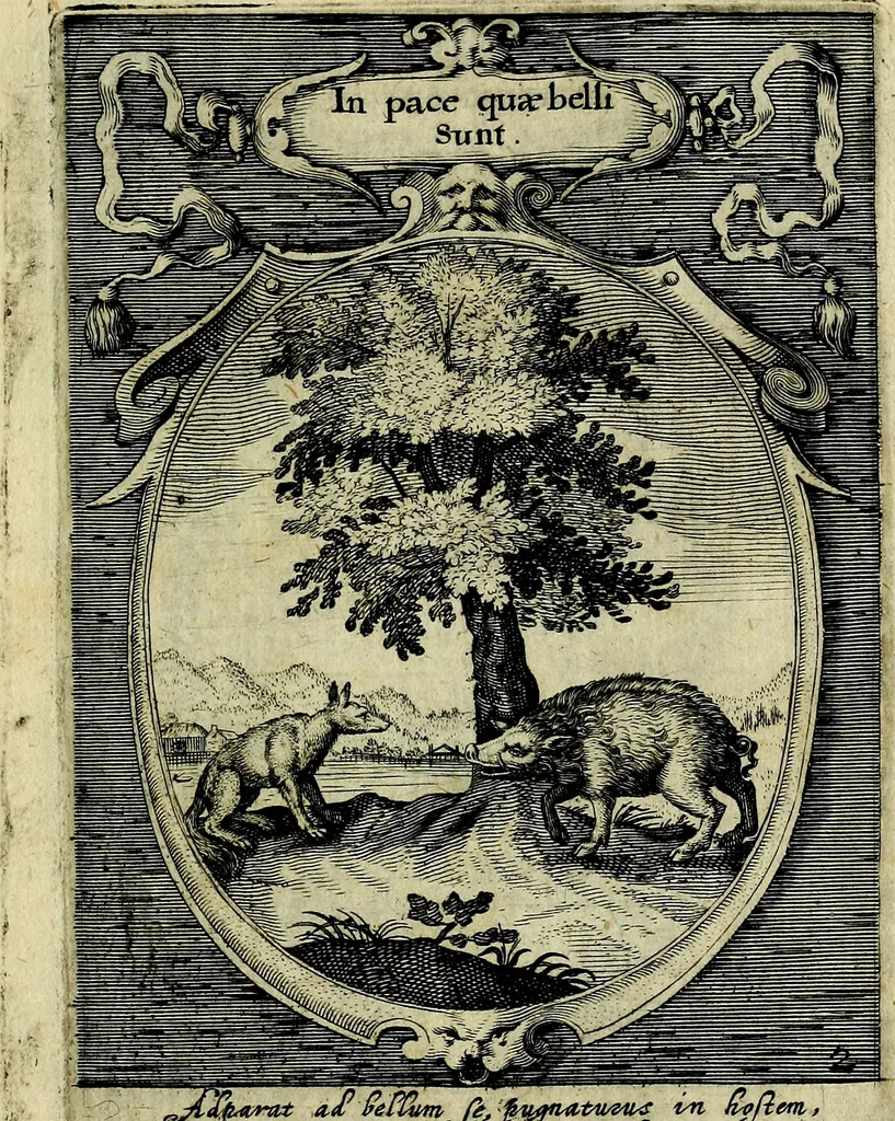 An illustration from Emblemata politica : in aula magna Curiae Noribergensis depicta, quae sacra viritutum suggerunt monita prudenter administrandi fortiterque defendendi rempublicam, 1617, leaf 24