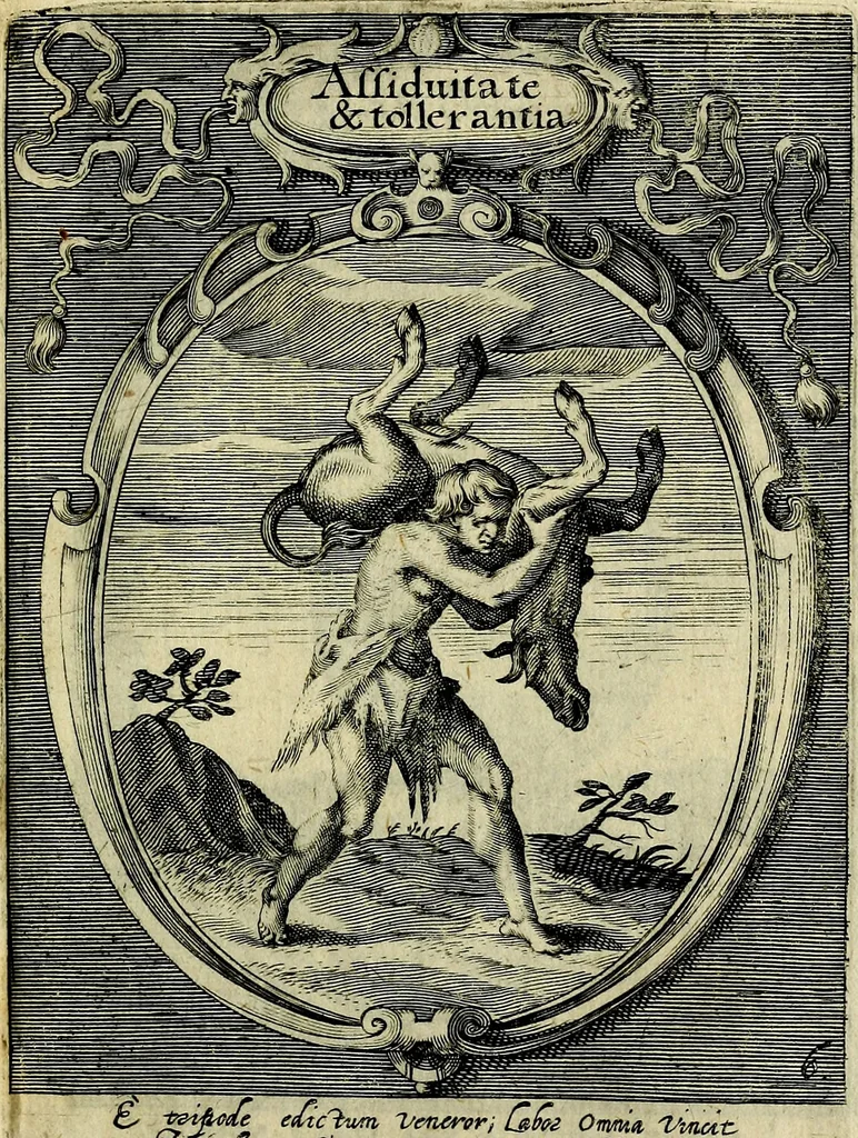 An illustration from Emblemata politica : in aula magna Curiae Noribergensis depicta, quae sacra viritutum suggerunt monita prudenter administrandi fortiterque defendendi rempublicam, 1617, leaf 32