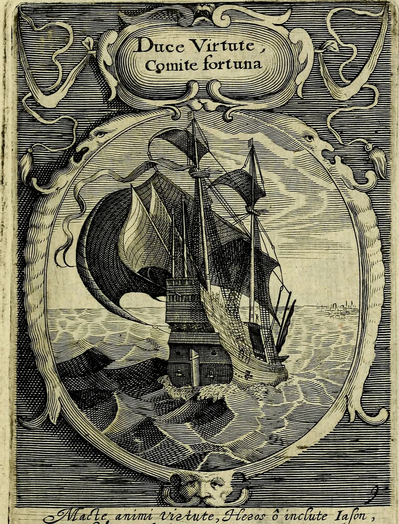 An illustration from Emblemata politica : in aula magna Curiae Noribergensis depicta, quae sacra viritutum suggerunt monita prudenter administrandi fortiterque defendendi rempublicam, 1617, leaf 38