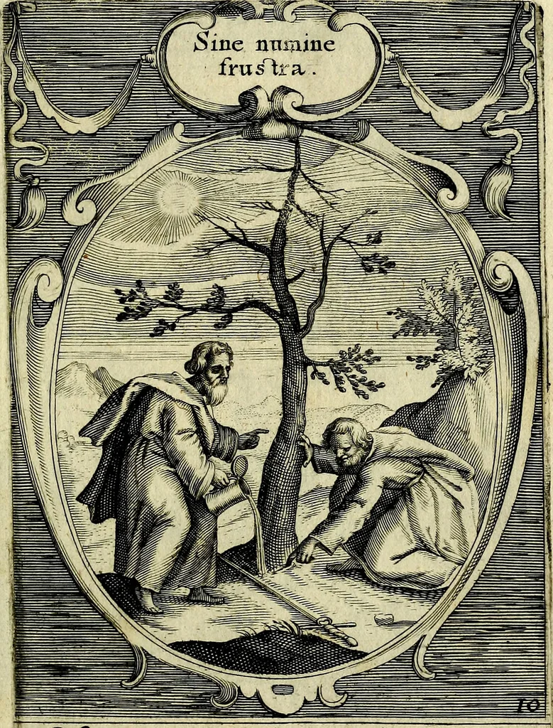 An illustration from Emblemata politica : in aula magna Curiae Noribergensis depicta, quae sacra viritutum suggerunt monita prudenter administrandi fortiterque defendendi rempublicam, 1617, leaf 40