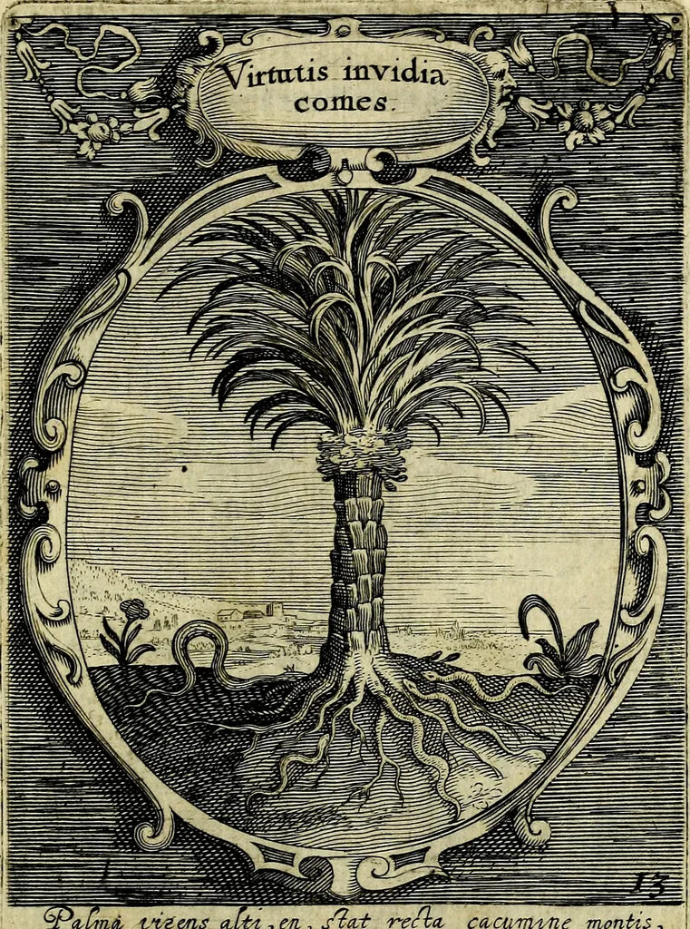 An illustration from Emblemata politica : in aula magna Curiae Noribergensis depicta, quae sacra viritutum suggerunt monita prudenter administrandi fortiterque defendendi rempublicam, 1617, leaf 46