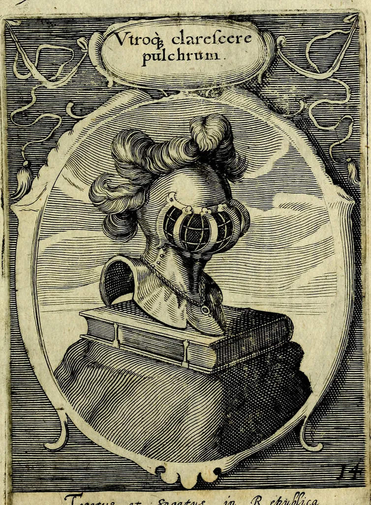 An illustration from Emblemata politica : in aula magna Curiae Noribergensis depicta, quae sacra viritutum suggerunt monita prudenter administrandi fortiterque defendendi rempublicam, 1617, leaf 48