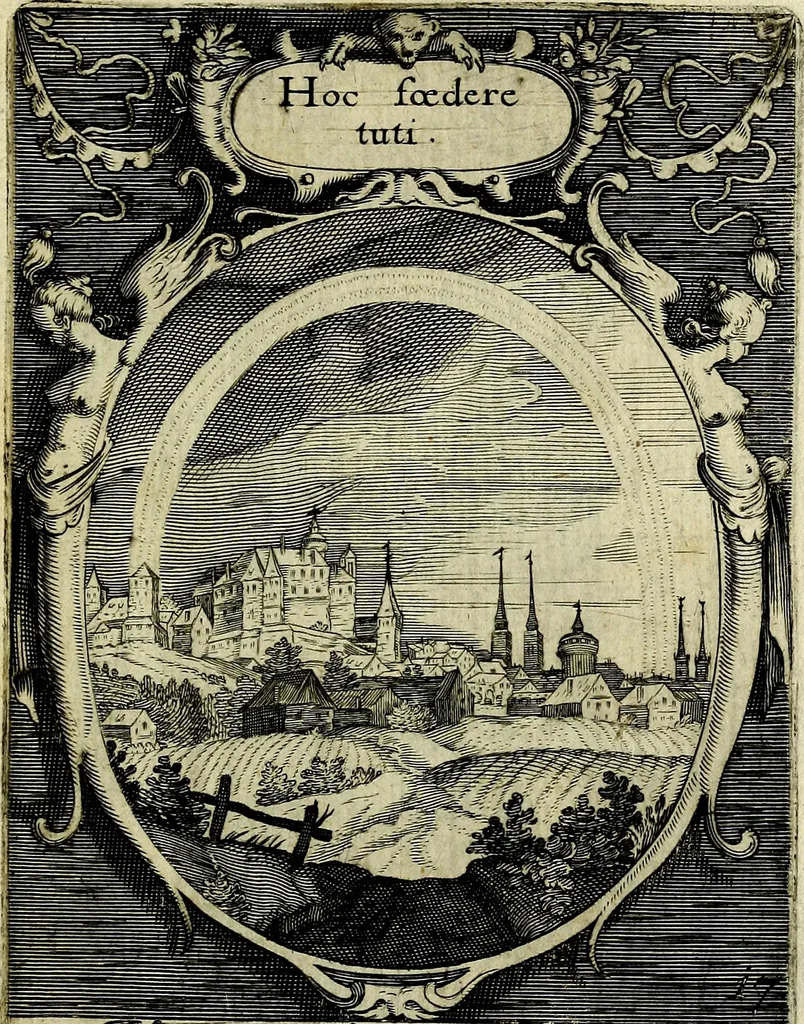 An illustration from Emblemata politica : in aula magna Curiae Noribergensis depicta, quae sacra viritutum suggerunt monita prudenter administrandi fortiterque defendendi rempublicam, 1617, leaf 54