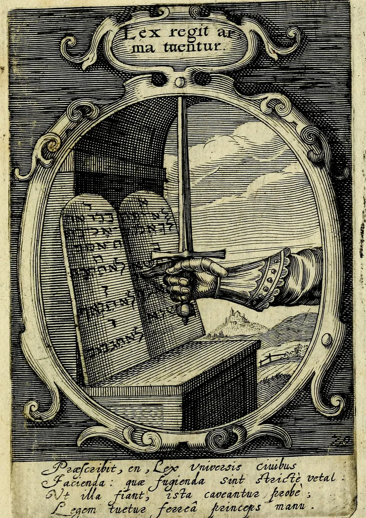 An illustration from Emblemata politica : in aula magna Curiae Noribergensis depicta, quae sacra viritutum suggerunt monita prudenter administrandi fortiterque defendendi rempublicam, 1617, leaf 60