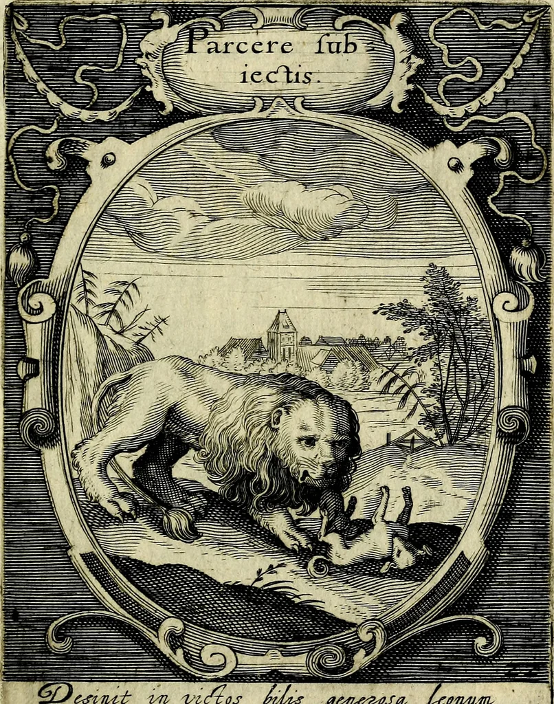 An illustration from Emblemata politica : in aula magna Curiae Noribergensis depicta, quae sacra viritutum suggerunt monita prudenter administrandi fortiterque defendendi rempublicam, 1617, leaf 64