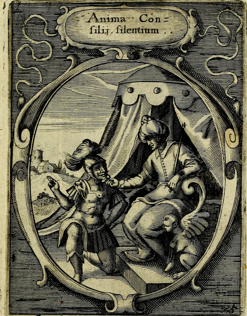 An illustration from Emblemata politica : in aula magna Curiae Noribergensis depicta, quae sacra viritutum suggerunt monita prudenter administrandi fortiterque defendendi rempublicam, 1617, leaf 70