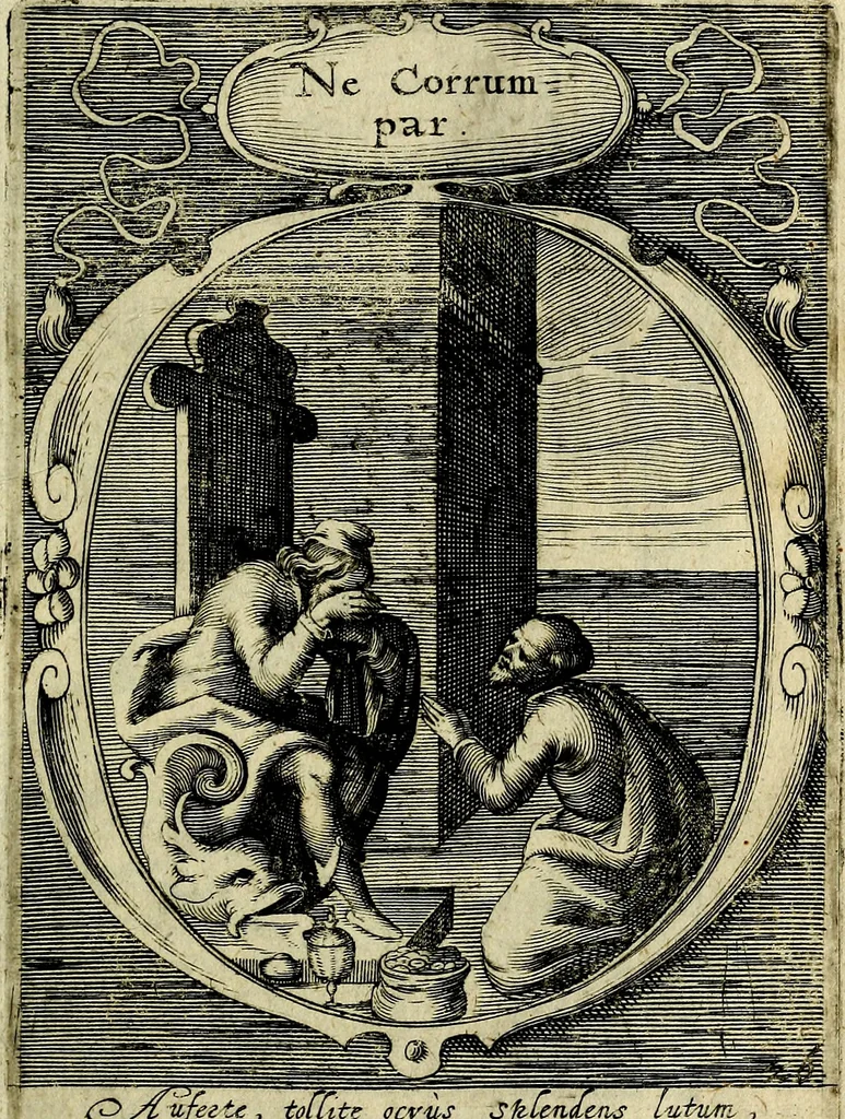 An illustration from Emblemata politica : in aula magna Curiae Noribergensis depicta, quae sacra viritutum suggerunt monita prudenter administrandi fortiterque defendendi rempublicam, 1617, leaf 72