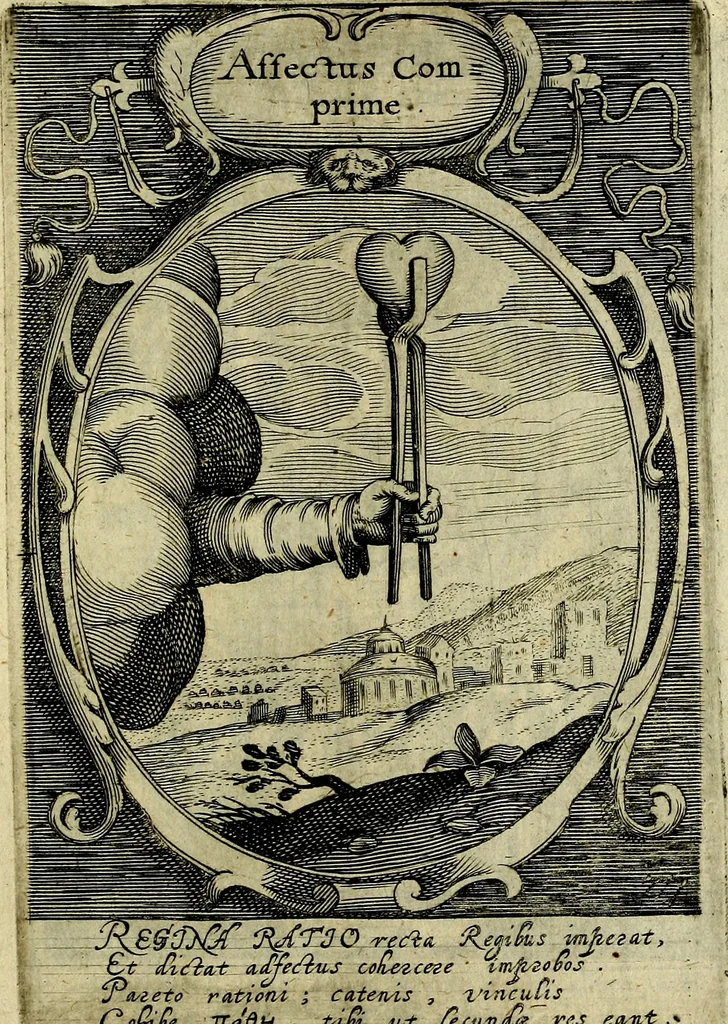 An illustration from Emblemata politica : in aula magna Curiae Noribergensis depicta, quae sacra viritutum suggerunt monita prudenter administrandi fortiterque defendendi rempublicam, 1617, leaf 74