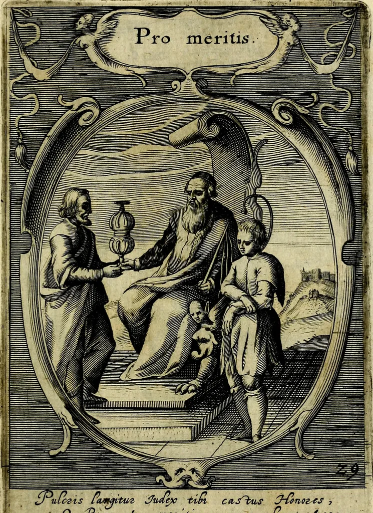 An illustration from Emblemata politica : in aula magna Curiae Noribergensis depicta, quae sacra viritutum suggerunt monita prudenter administrandi fortiterque defendendi rempublicam, 1617, leaf 78