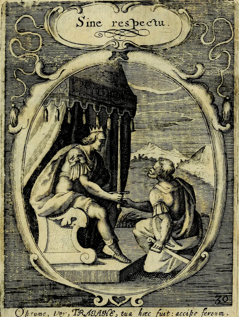 An illustration from Emblemata politica : in aula magna Curiae Noribergensis depicta, quae sacra viritutum suggerunt monita prudenter administrandi fortiterque defendendi rempublicam, 1617, leaf 80