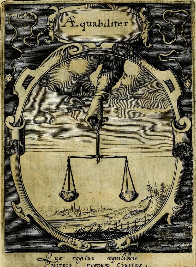 An illustration from Emblemata politica : in aula magna Curiae Noribergensis depicta, quae sacra viritutum suggerunt monita prudenter administrandi fortiterque defendendi rempublicam, 1617, leaf 82