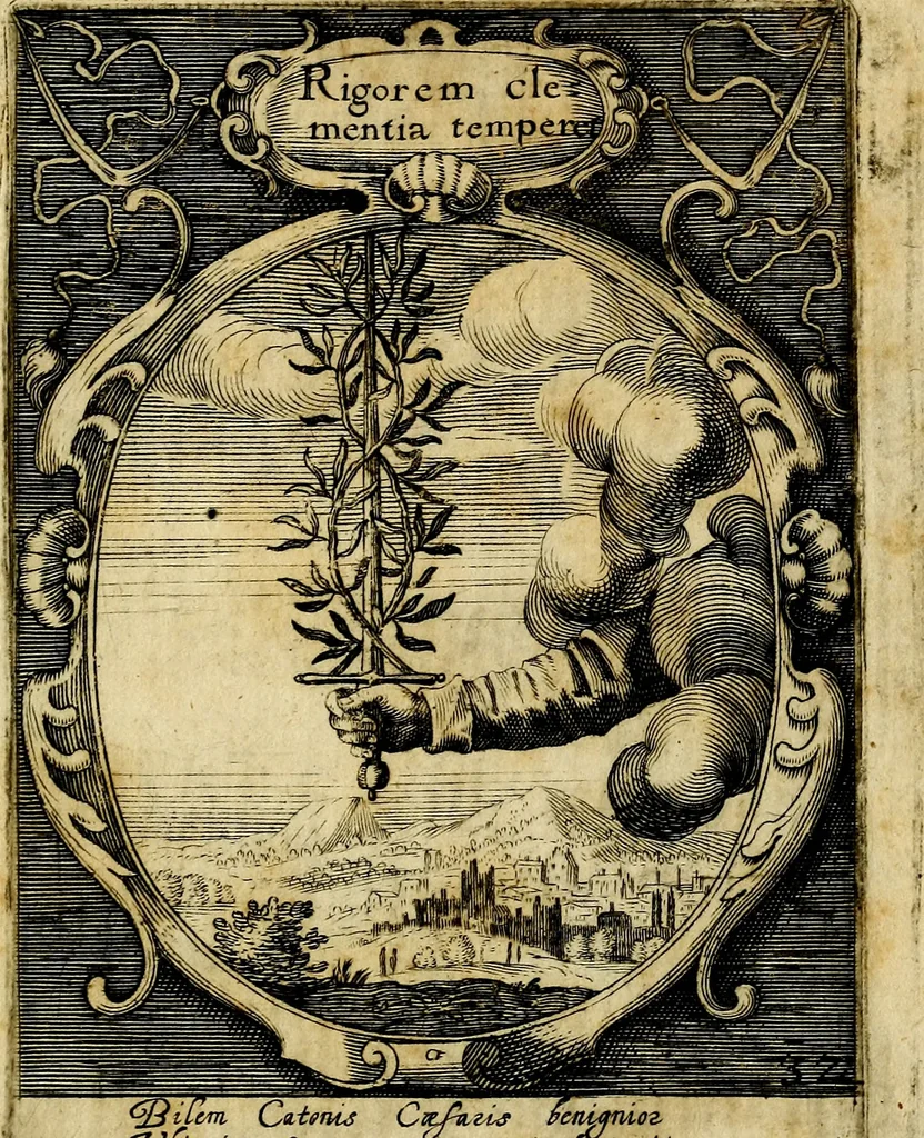 An illustration from Emblemata politica : in aula magna Curiae Noribergensis depicta, quae sacra viritutum suggerunt monita prudenter administrandi fortiterque defendendi rempublicam, 1617, leaf 84