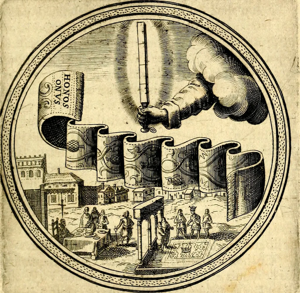 An illustration from Emblemata politica. Quibus ea, quae ad principatum spectant breviter demonstrantur singulor vero explicatio fusius proponitur. Opus novum, 1618, leaf 34