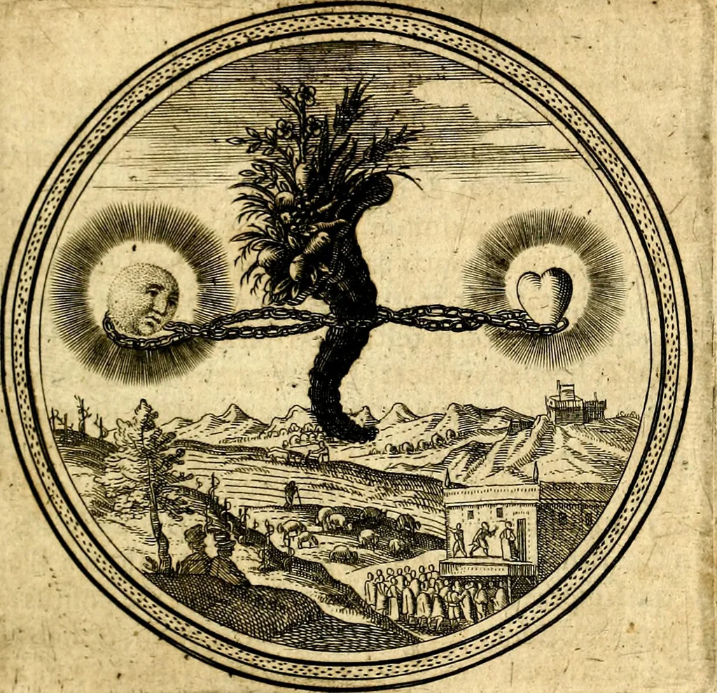 An illustration from Emblemata politica. Quibus ea, quae ad principatum spectant breviter demonstrantur singulor vero explicatio fusius proponitur. Opus novum, 1618, leaf 38