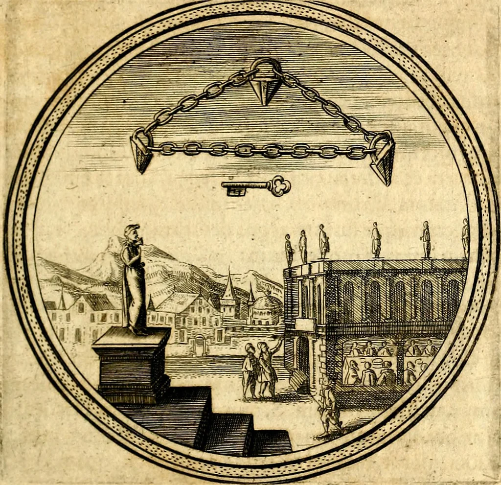 An illustration from Emblemata politica. Quibus ea, quae ad principatum spectant breviter demonstrantur singulor vero explicatio fusius proponitur. Opus novum, 1618, leaf 94