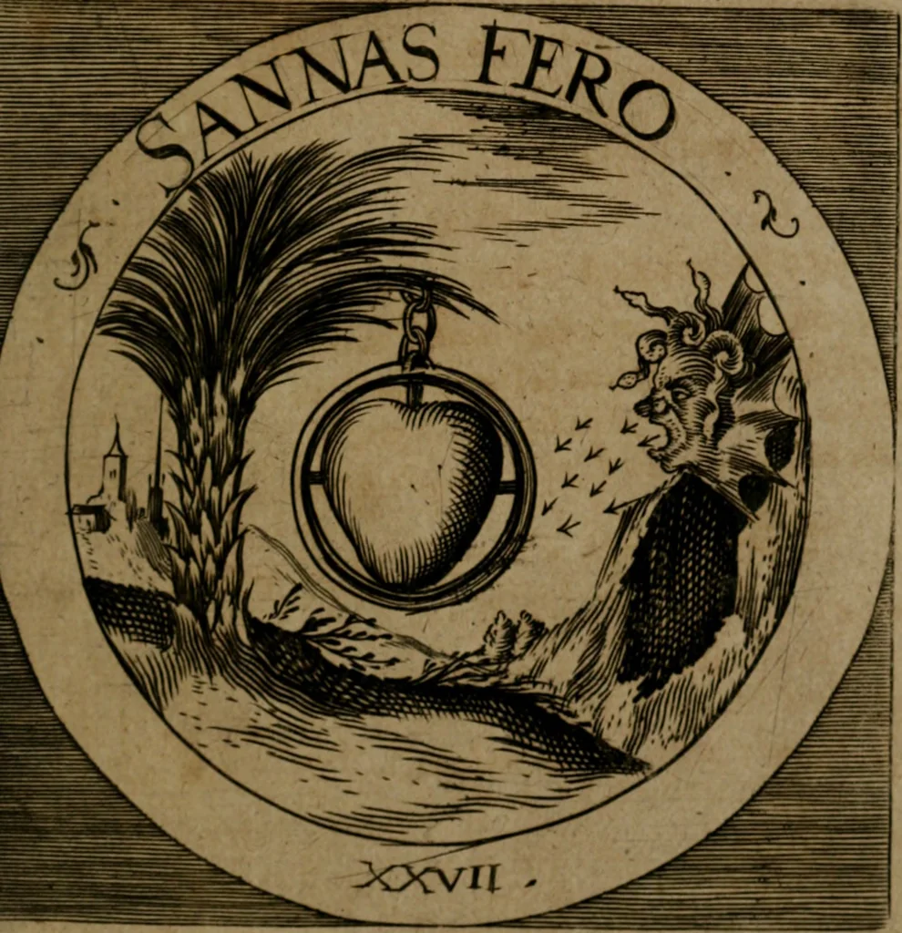 An illustration from Emblemata sacra : hoc est, decades quinque emblematum ex sacra scriptura, de dulcissimo nomine & cruce Jesu Christi, figuris aeneis incisorum ..., 1624, leaf 124