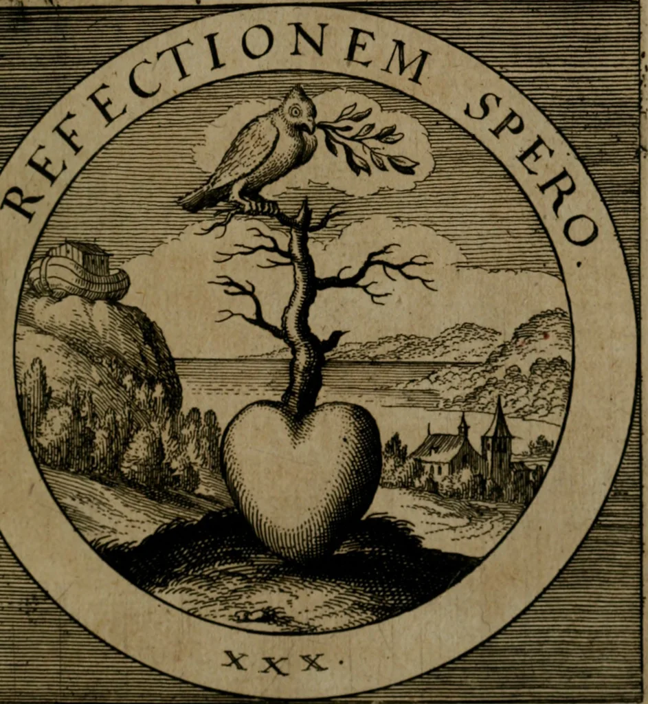 An illustration from Emblemata sacra : hoc est, decades quinque emblematum ex sacra scriptura, de dulcissimo nomine & cruce Jesu Christi, figuris aeneis incisorum ..., 1624, leaf 136