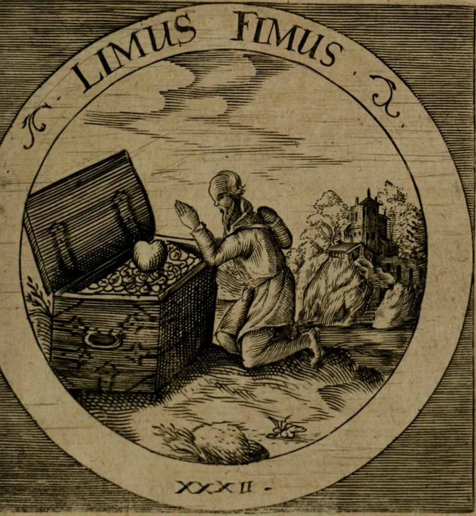 An illustration from Emblemata sacra : hoc est, decades quinque emblematum ex sacra scriptura, de dulcissimo nomine & cruce Jesu Christi, figuris aeneis incisorum ..., 1624, leaf 144