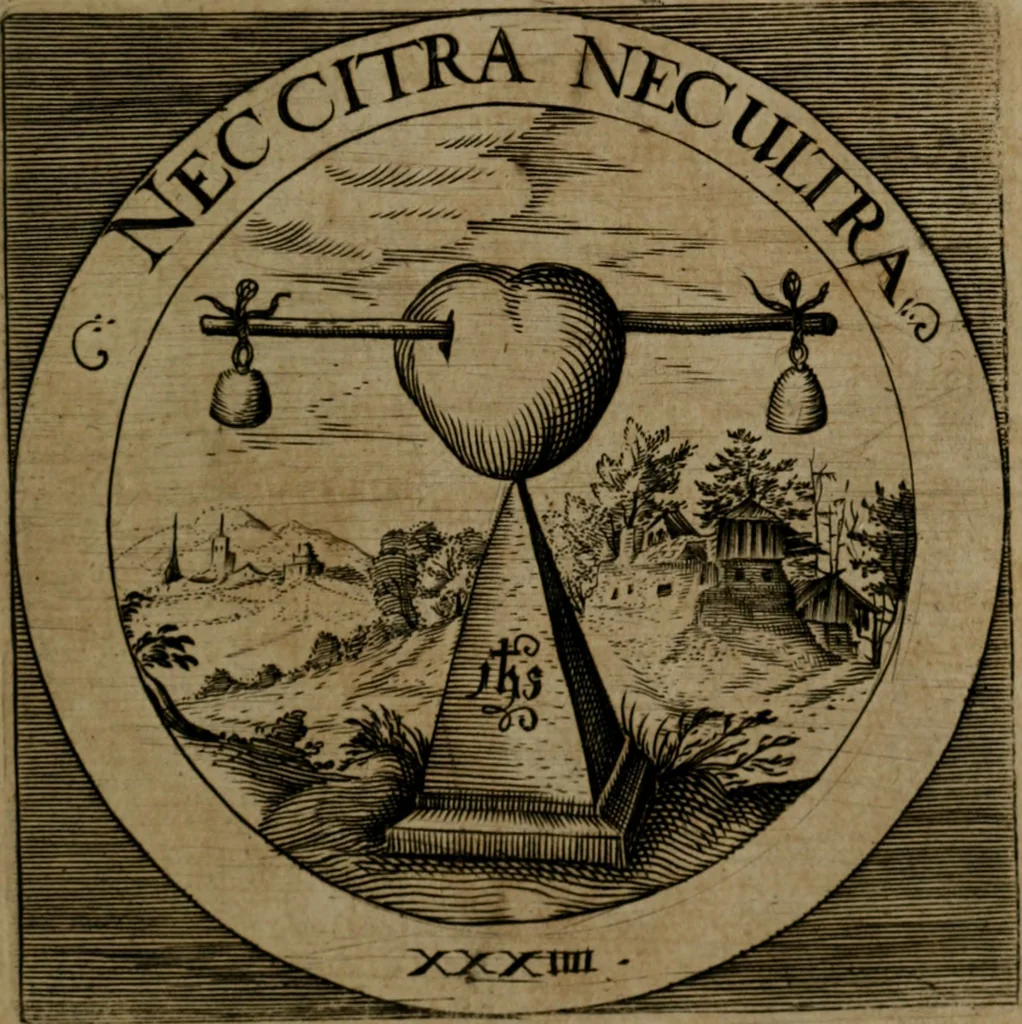 An illustration from Emblemata sacra : hoc est, decades quinque emblematum ex sacra scriptura, de dulcissimo nomine & cruce Jesu Christi, figuris aeneis incisorum ..., 1624, leaf 152