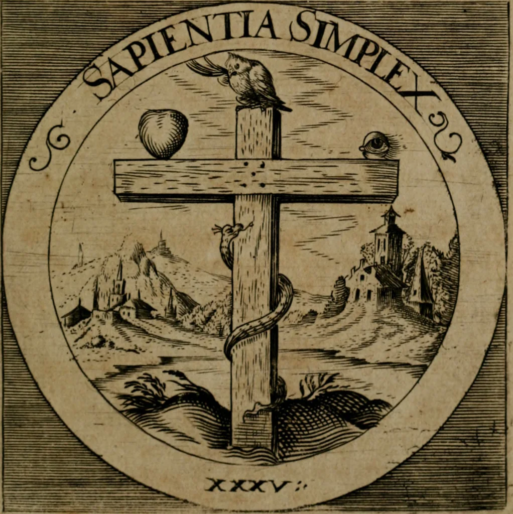 An illustration from Emblemata sacra : hoc est, decades quinque emblematum ex sacra scriptura, de dulcissimo nomine & cruce Jesu Christi, figuris aeneis incisorum ..., 1624, leaf 156
