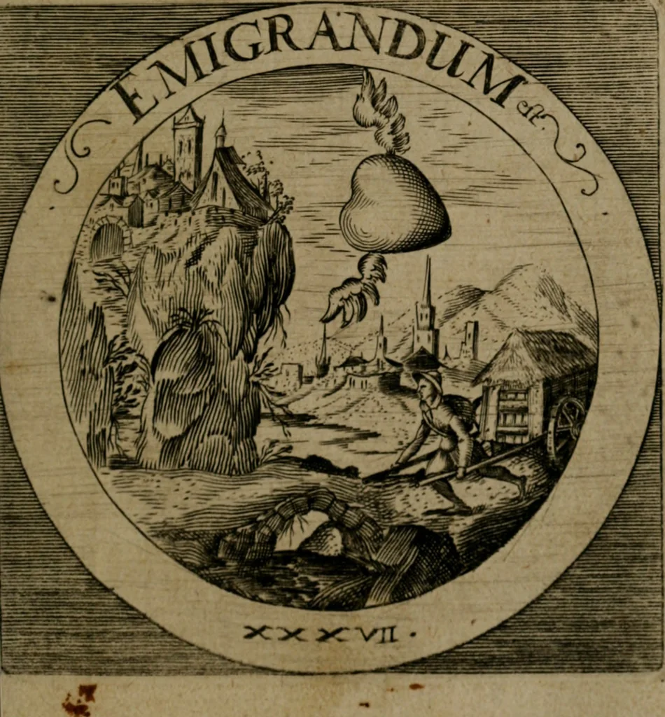An illustration from Emblemata sacra : hoc est, decades quinque emblematum ex sacra scriptura, de dulcissimo nomine & cruce Jesu Christi, figuris aeneis incisorum ..., 1624, leaf 164