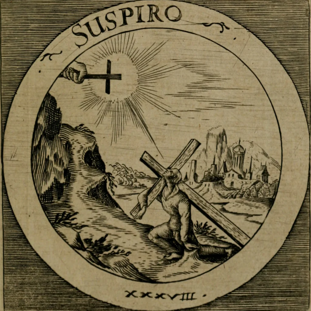 An illustration from Emblemata sacra : hoc est, decades quinque emblematum ex sacra scriptura, de dulcissimo nomine & cruce Jesu Christi, figuris aeneis incisorum ..., 1624, leaf 168