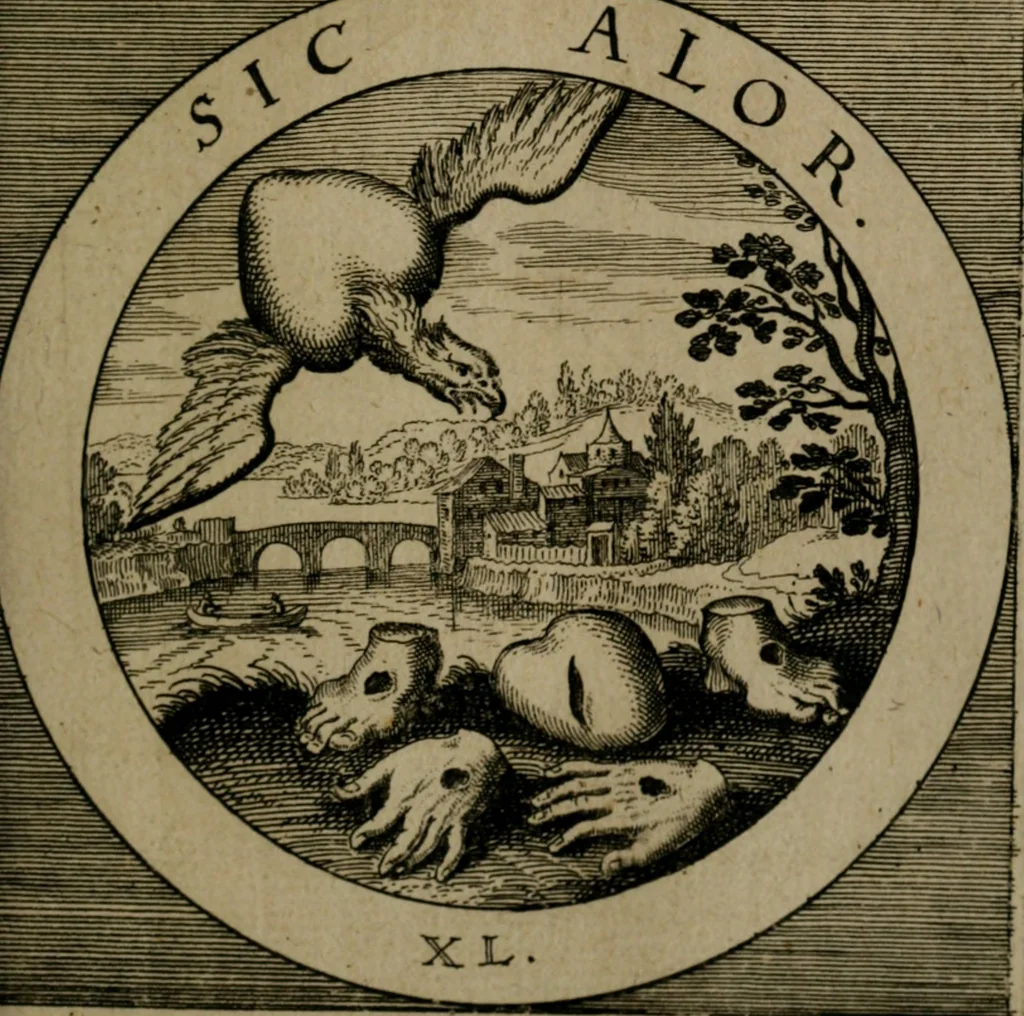 An illustration from Emblemata sacra : hoc est, decades quinque emblematum ex sacra scriptura, de dulcissimo nomine & cruce Jesu Christi, figuris aeneis incisorum ..., 1624, leaf 176
