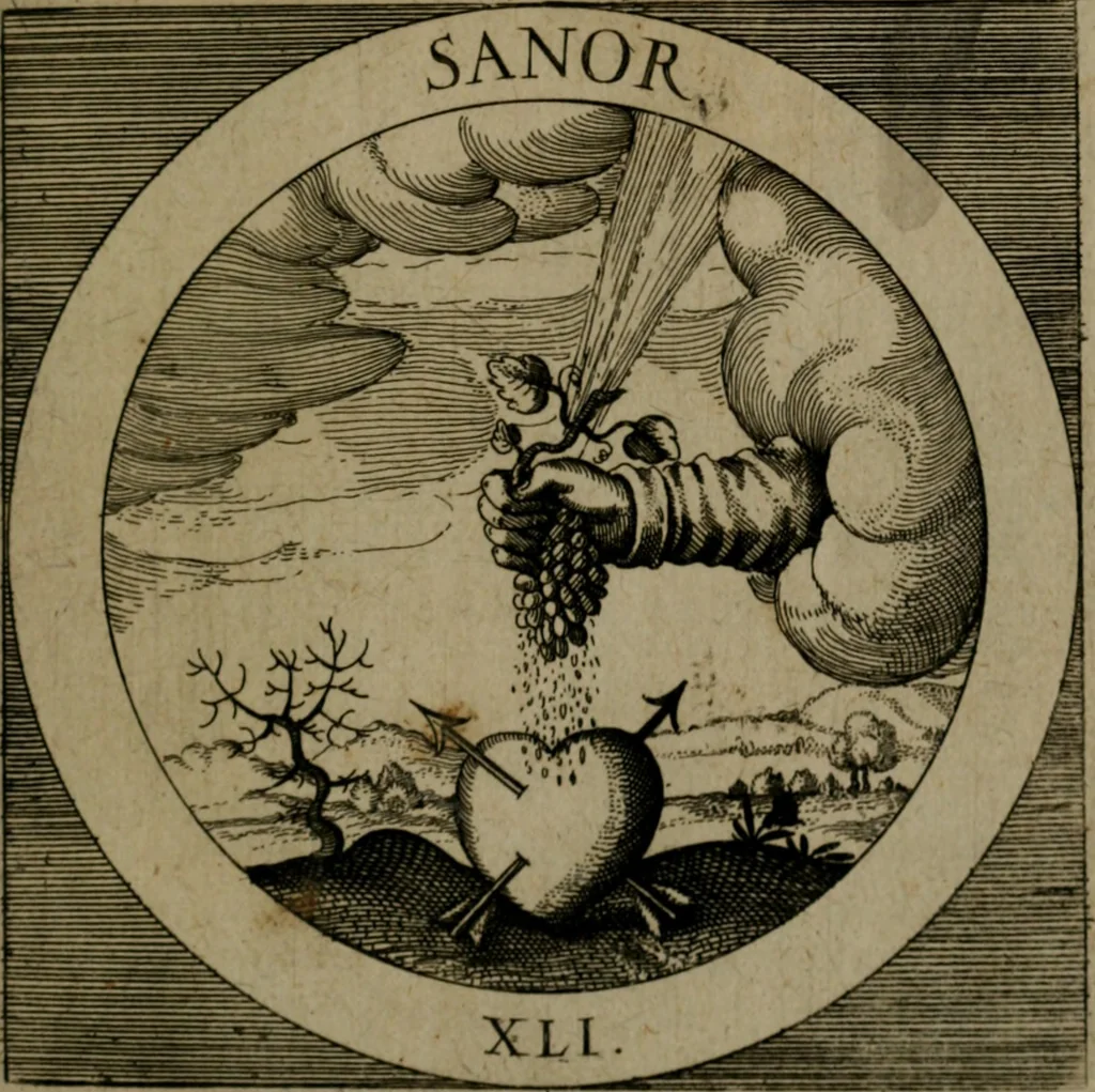 An illustration from Emblemata sacra : hoc est, decades quinque emblematum ex sacra scriptura, de dulcissimo nomine & cruce Jesu Christi, figuris aeneis incisorum ..., 1624, leaf 180