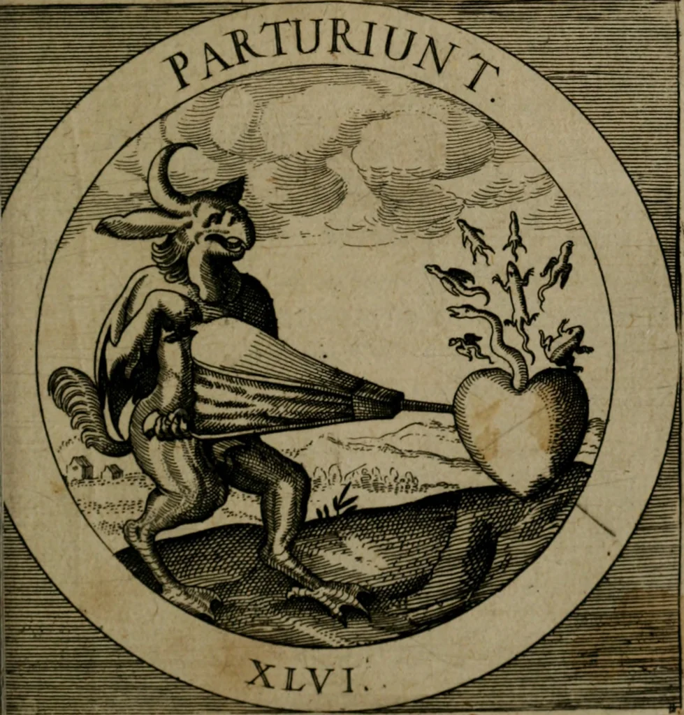An illustration from Emblemata sacra : hoc est, decades quinque emblematum ex sacra scriptura, de dulcissimo nomine & cruce Jesu Christi, figuris aeneis incisorum ..., 1624, leaf 200