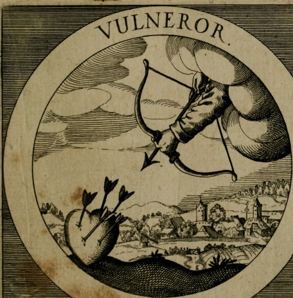 An illustration from Emblemata sacra : hoc est, decades quinque emblematum ex sacra scriptura, de dulcissimo nomine & cruce Jesu Christi, figuris aeneis incisorum ..., 1624, leaf 204