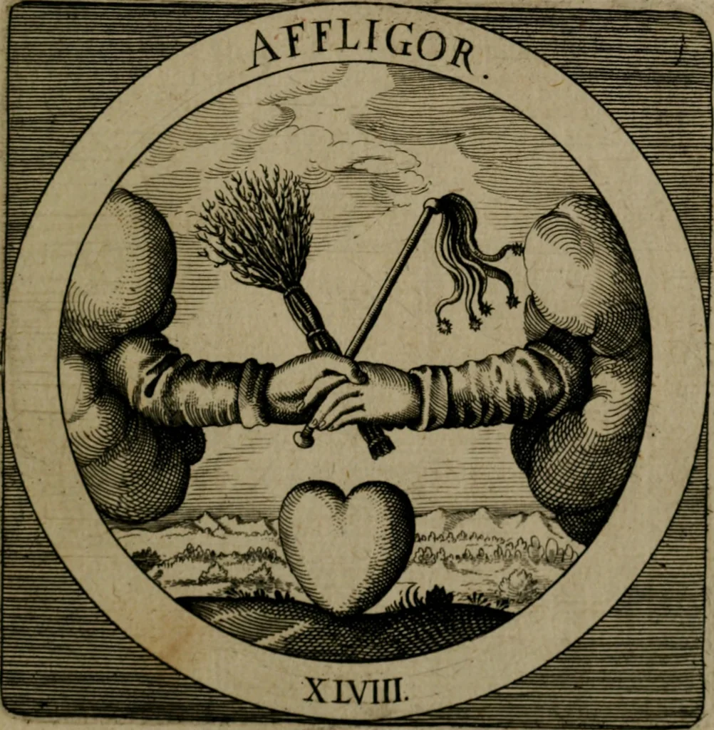 An illustration from Emblemata sacra : hoc est, decades quinque emblematum ex sacra scriptura, de dulcissimo nomine & cruce Jesu Christi, figuris aeneis incisorum ..., 1624, leaf 208