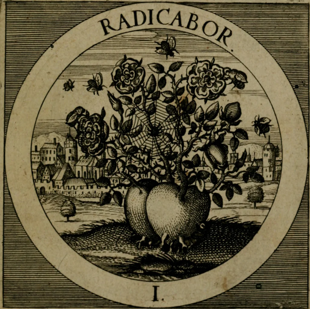 An illustration from Emblemata sacra : hoc est, decades quinque emblematum ex sacra scriptura, de dulcissimo nomine & cruce Jesu Christi, figuris aeneis incisorum ..., 1624, leaf 236