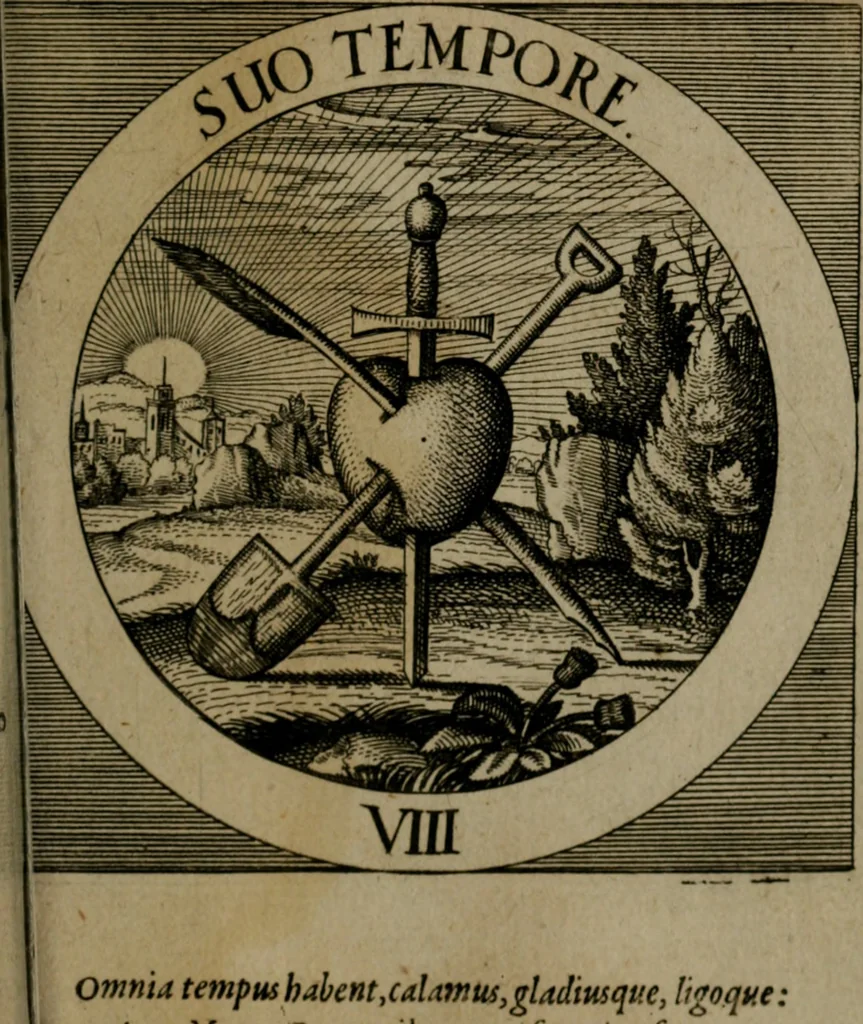 An illustration from Emblemata sacra : hoc est, decades quinque emblematum ex sacra scriptura, de dulcissimo nomine & cruce Jesu Christi, figuris aeneis incisorum ..., 1624, leaf 264
