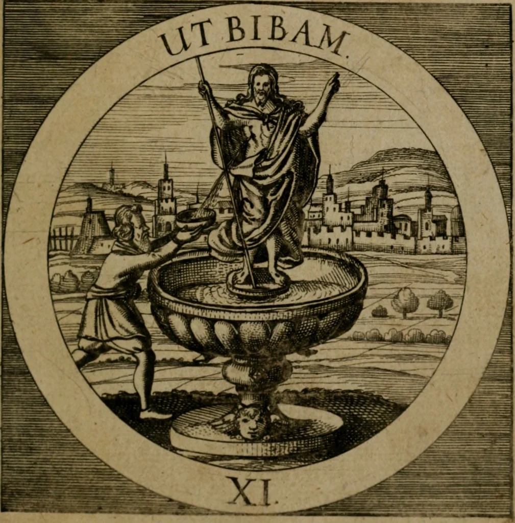 An illustration from Emblemata sacra : hoc est, decades quinque emblematum ex sacra scriptura, de dulcissimo nomine & cruce Jesu Christi, figuris aeneis incisorum ..., 1624, leaf 276