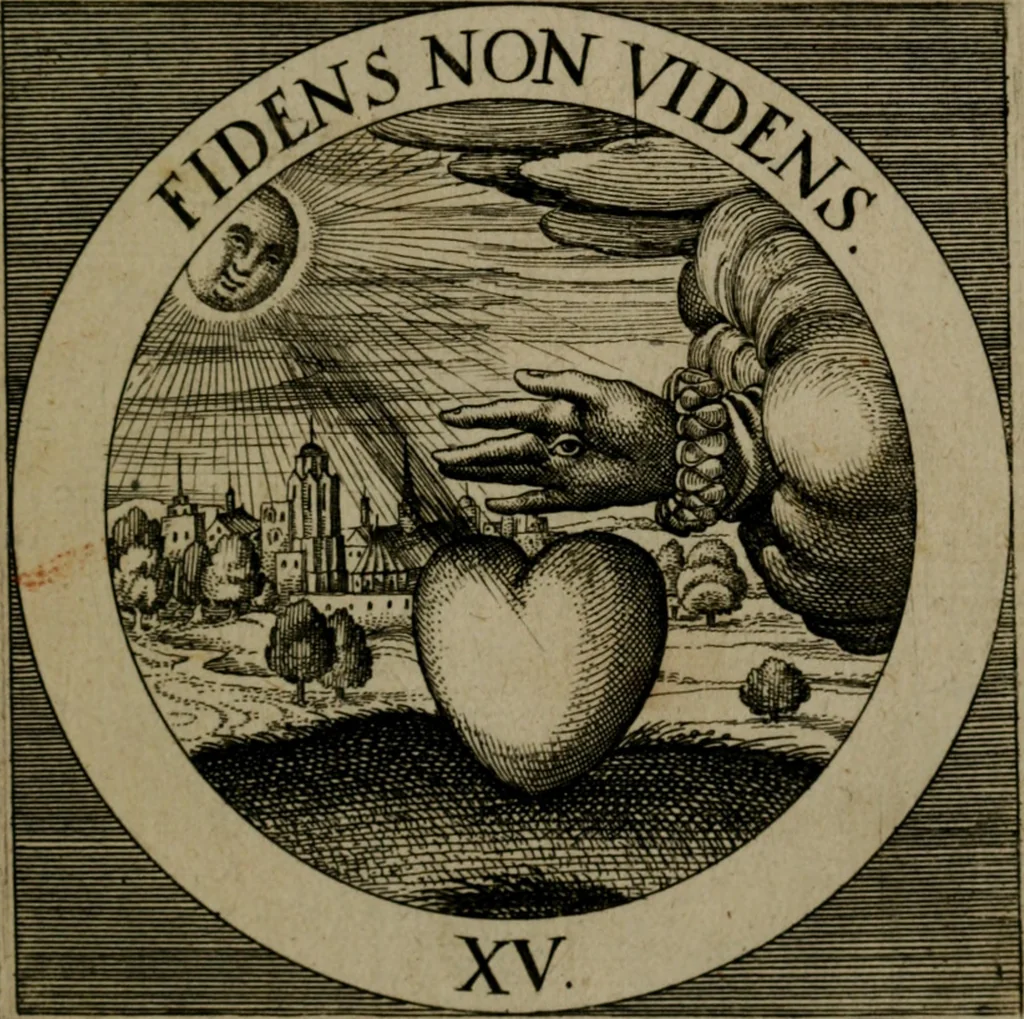 An illustration from Emblemata sacra : hoc est, decades quinque emblematum ex sacra scriptura, de dulcissimo nomine & cruce Jesu Christi, figuris aeneis incisorum ..., 1624, leaf 292