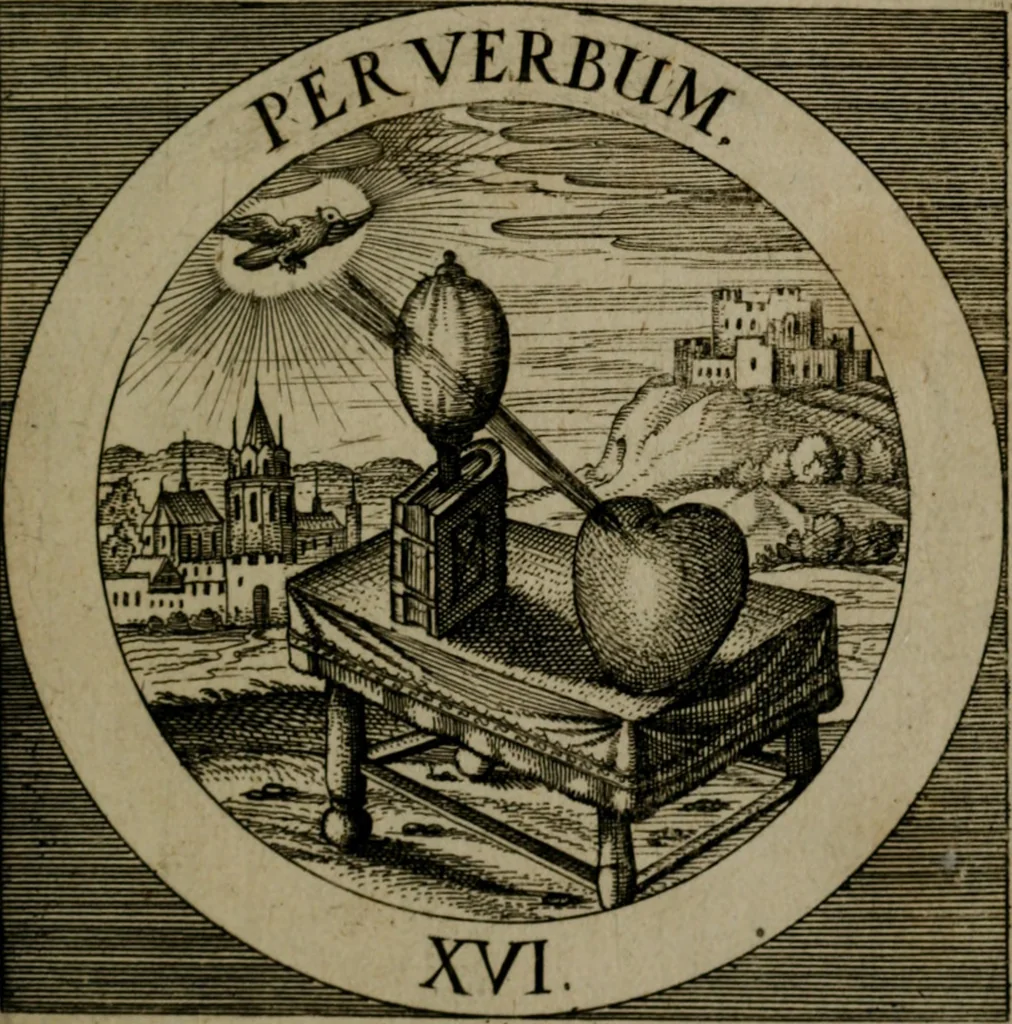 An illustration from Emblemata sacra : hoc est, decades quinque emblematum ex sacra scriptura, de dulcissimo nomine & cruce Jesu Christi, figuris aeneis incisorum ..., 1624, leaf 296