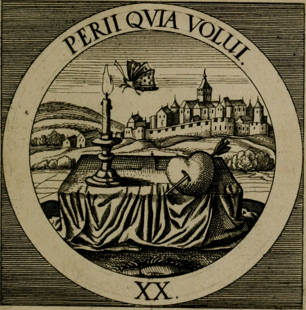 An illustration from Emblemata sacra : hoc est, decades quinque emblematum ex sacra scriptura, de dulcissimo nomine & cruce Jesu Christi, figuris aeneis incisorum ..., 1624, leaf 312