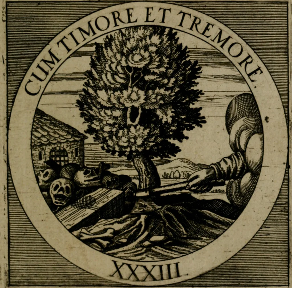 An illustration from Emblemata sacra : hoc est, decades quinque emblematum ex sacra scriptura, de dulcissimo nomine & cruce Jesu Christi, figuris aeneis incisorum ..., 1624, leaf 364