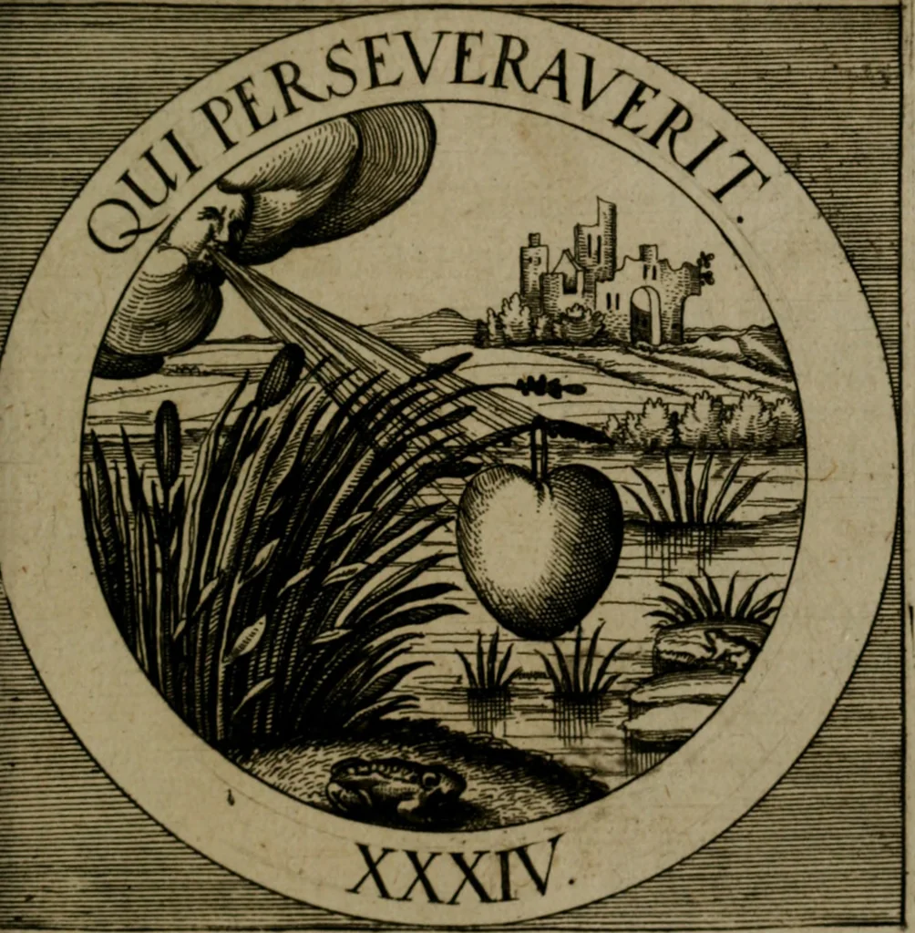 An illustration from Emblemata sacra : hoc est, decades quinque emblematum ex sacra scriptura, de dulcissimo nomine & cruce Jesu Christi, figuris aeneis incisorum ..., 1624, leaf 368